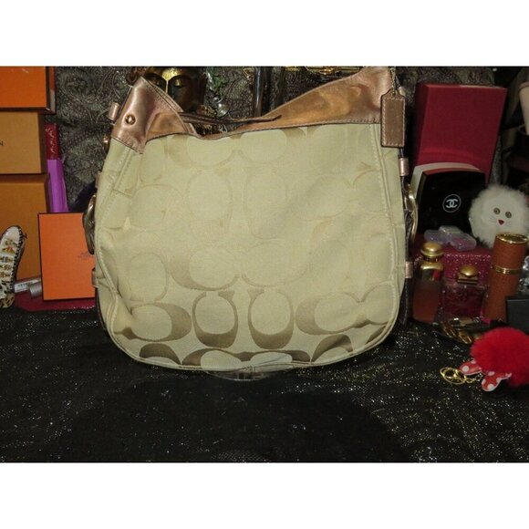 Coach 09 Zoe Signature Canvas Jacquard Khaki & HTF Rose Gold Hobo Handbag 12674 - Picture 2 of 15
